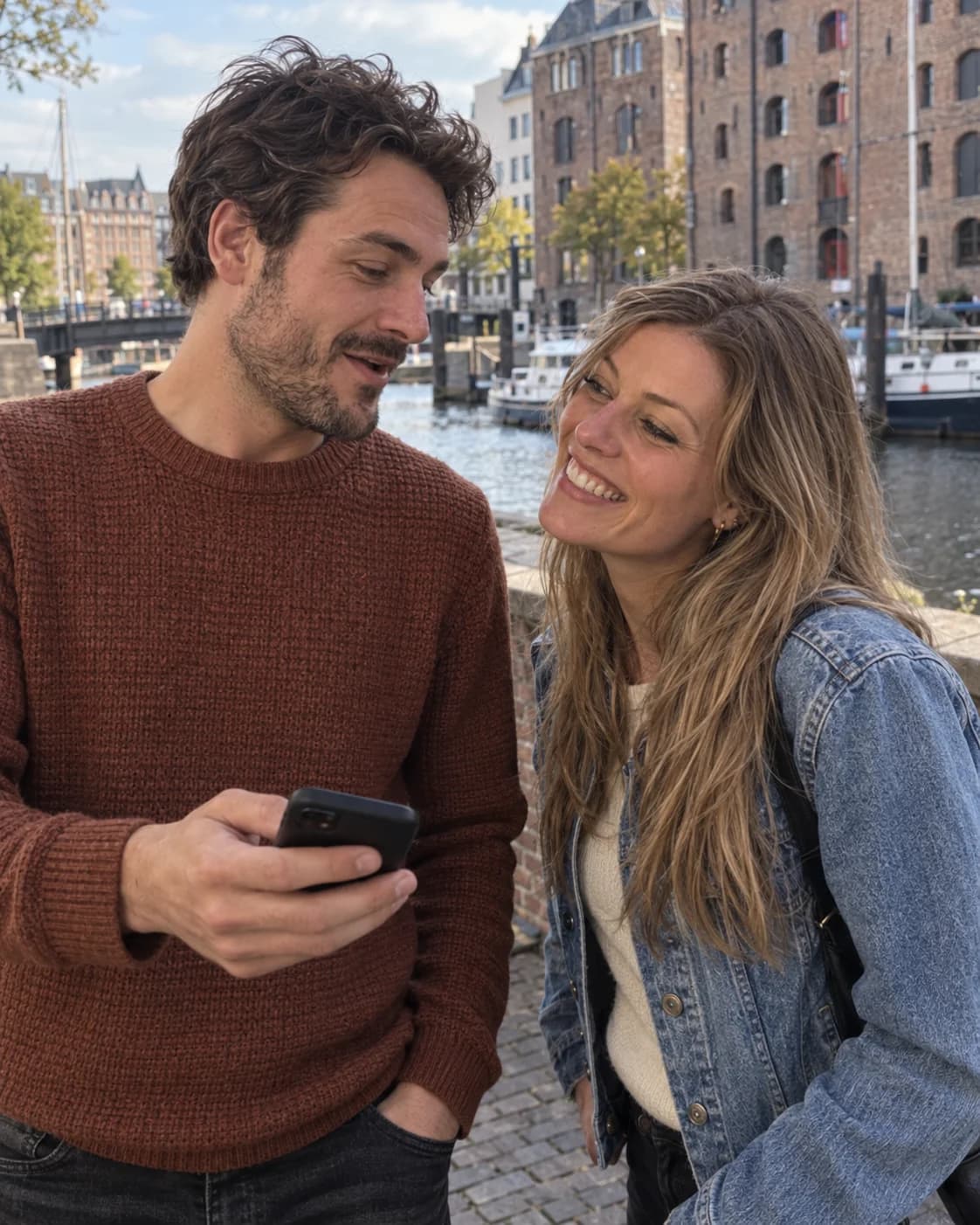 Daan met de telefoon in zijn hand en Sophie naast hem tijdens een wandeling langs het water