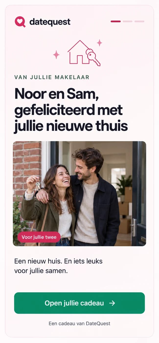 Noor en Sam ontvangen een digitaal cadeau voor hun nieuwe thuis, van hun makelaar