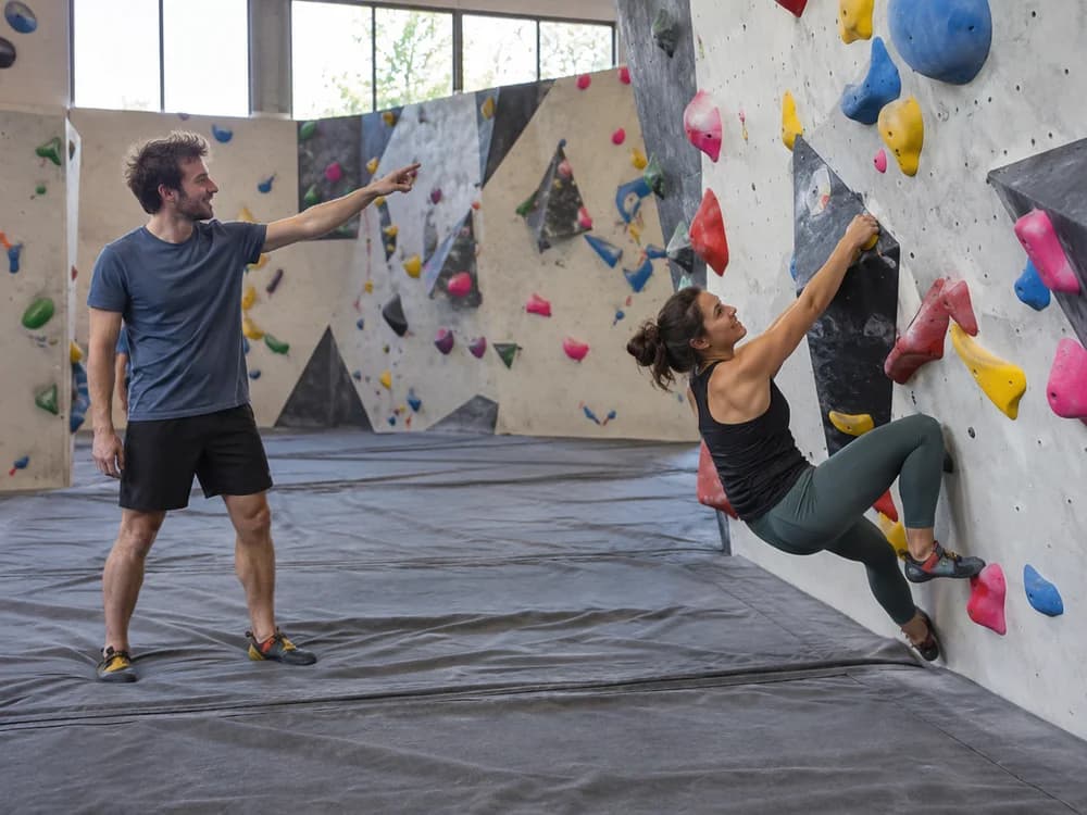 Illustratief sfeerbeeld: samen een route op een boulderwand uitproberen.