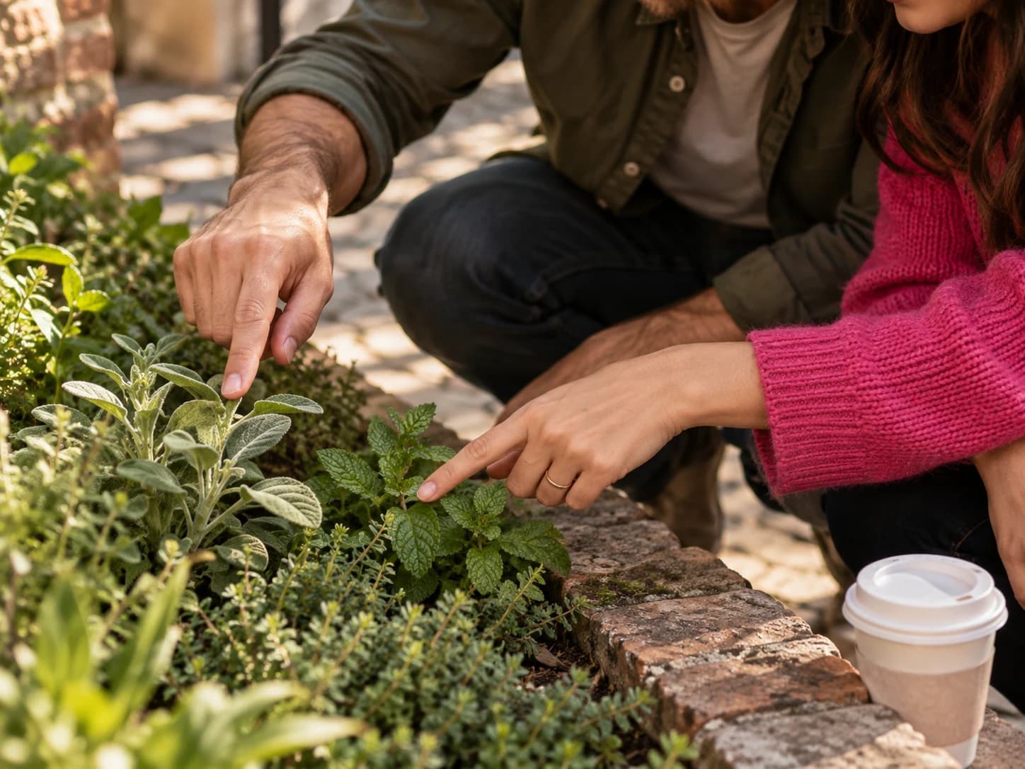 Samen kleine planten en details langs een tuinmuurtje bekijken