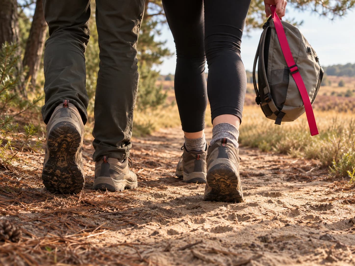 Twee mensen lopen over een zandpad tussen bos en heide