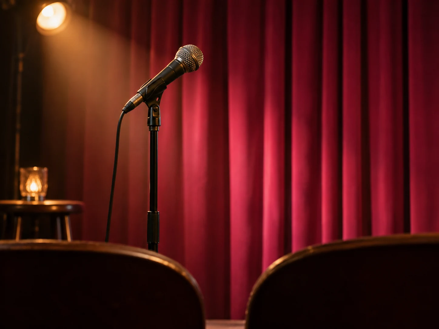 Een microfoon en twee zitplaatsen bij een kleine comedyvoorstelling