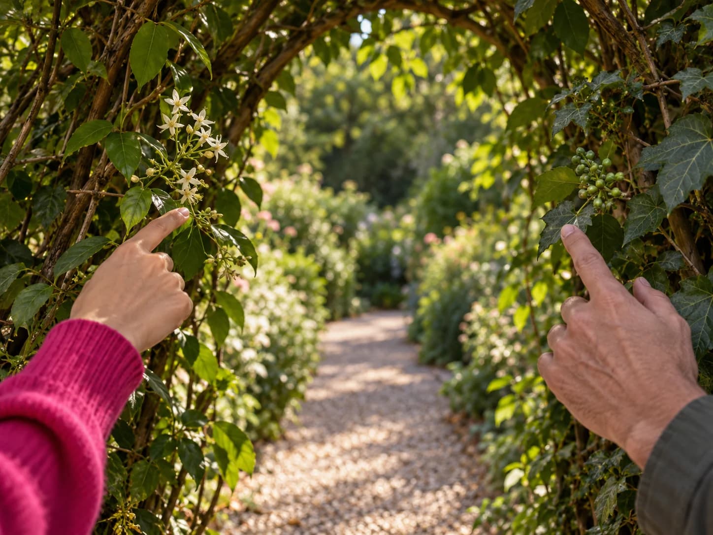 Samen door een groene opening kijken naar een rustige tuin