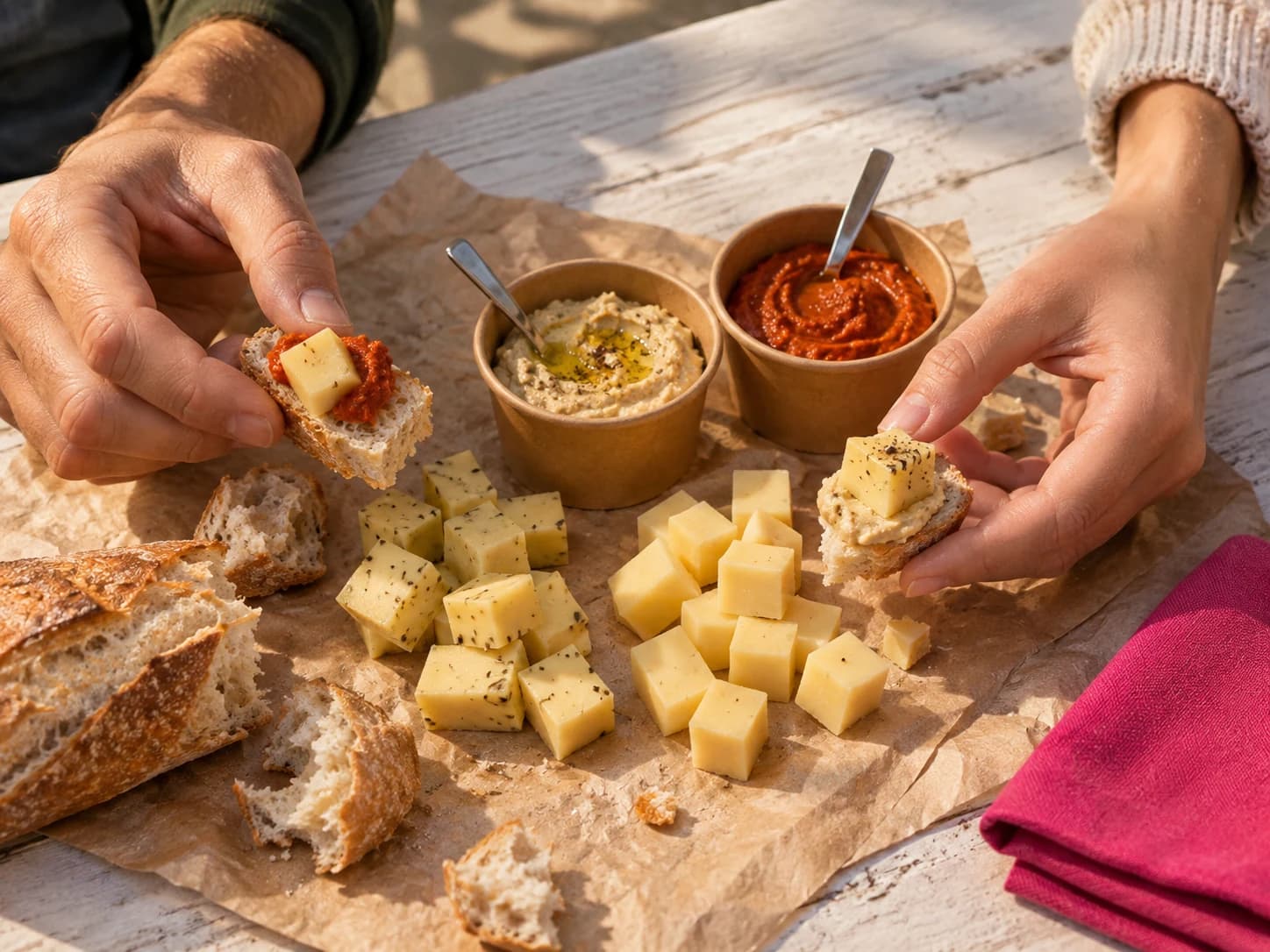 Kaas, brood en twee hartige dips voor een zelfgekozen proeverij