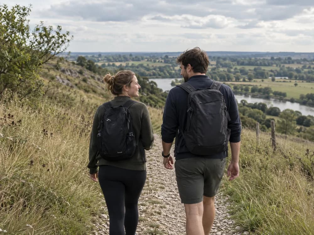 Illustratief sfeerbeeld: Samen wandelen door een heuvelachtig landschap