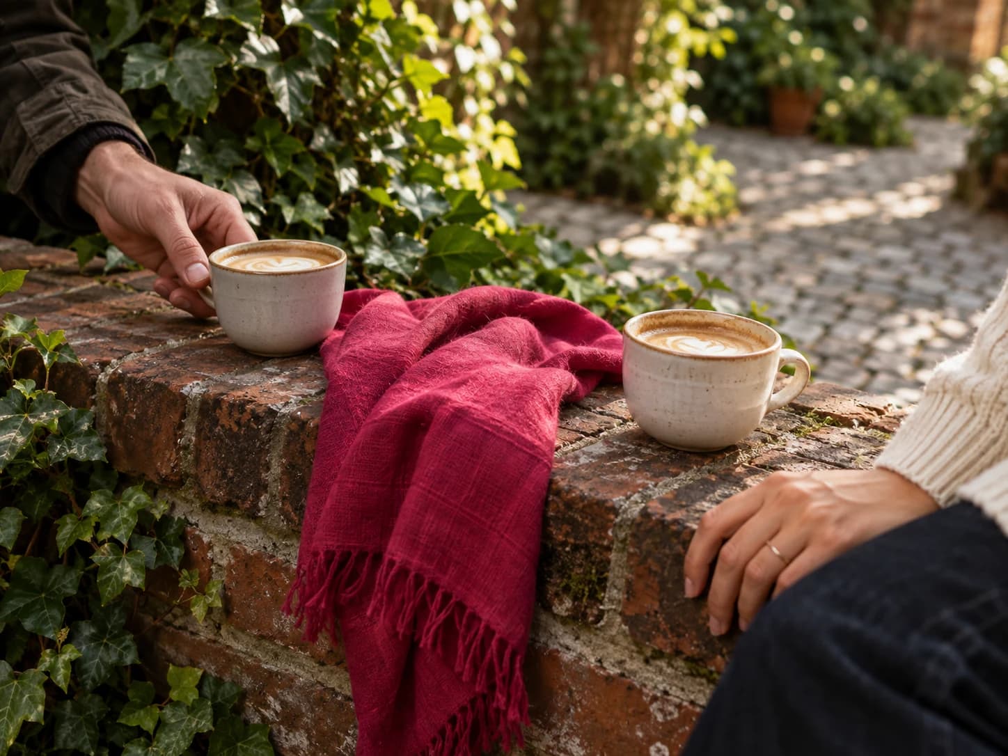 Twee kopjes koffie op een muurtje tussen groen en oude bestrating