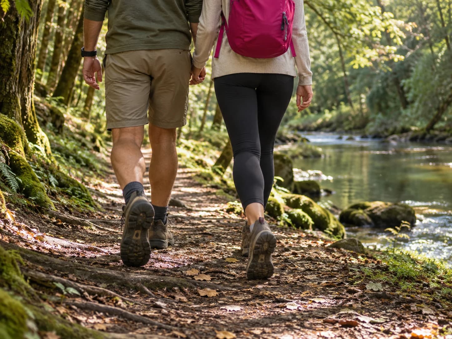 Twee mensen wandelen over een bospaadje langs een rivier