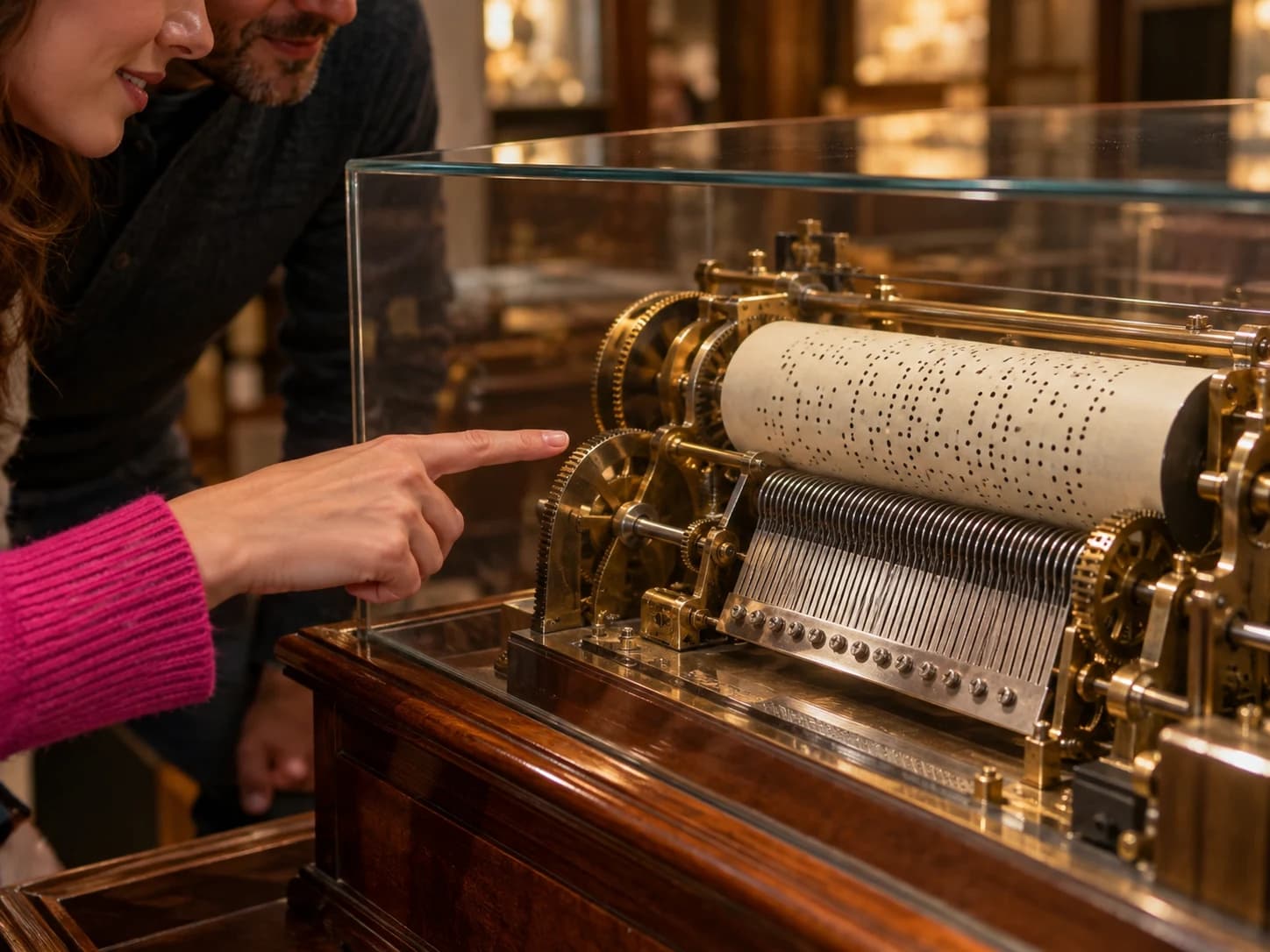 Twee mensen bekijken samen een mechanisch muziekinstrument binnen